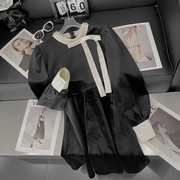1.5斤黑色v领珍珠设计绒面，连衣裙长袖淑女百搭中裙时尚休闲洋气