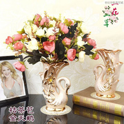 套装镀金陶瓷花瓶欧式家居饰品，摆件花+花瓶仿真花假花花