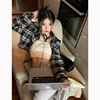 格子衬衫女装秋季辣妹，高腰短款防晒衬衣外套黑色，宽松长袖外搭上衣