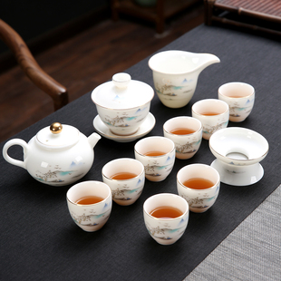 如瓷动人珐琅彩功夫茶具，套装家用高档羊脂玉，白瓷喝茶茶杯盖碗茶壶