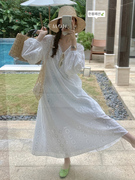 重工刺绣镂空白色连衣裙女法式田园风度假沙滩裙系带收腰显瘦裙子