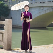 抖音中国超模同款春夏季新女潮流气质修身显瘦紫色旗袍裙复古