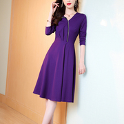 2024年春秋季长袖设计感小众高级感名媛气质紫色晚礼服连衣裙