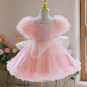 粉色儿童夏季短袖女孩公主，裙超仙蓬蓬裙生日花，童网纱礼服演出服