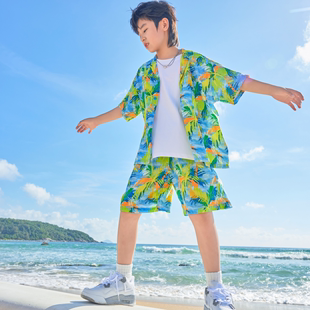 男生女生儿童沙滩风衬衣，短裤套装海边男大童凉感面料b类自然度假