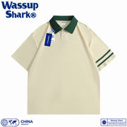 wassupshark美式重磅纯棉，条纹polo衫短袖t恤男夏季宽松纯色上衣