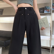 WAK404322 黑色阔腿裤女夏季口袋柳丁高级垂感显瘦直筒痞雅西装裤