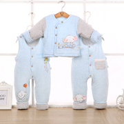 冬季0-1岁新生儿婴儿，棉衣套装纯棉3-6月宝宝，棉袄背带裤三件套加厚