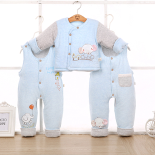 冬季0-1岁新生儿婴儿棉衣套装，纯棉3-6月宝宝，棉袄背带裤三件套加厚
