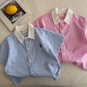 儿童粉色衬衫2024夏季男童，polo衫短袖短袖宝，宝蓝色翻领衬衣潮