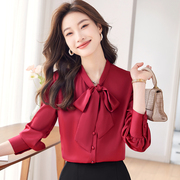 酒红色雪纺衬衫女长袖，打底上衣时尚洋气，设计感小众蝴蝶结职业衬衣
