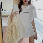 白色中长款t恤短袖女夏季纯棉设计感圆领大码宽松字母印花上衣潮
