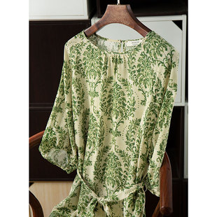 真丝双绉绿色碎花裙女装，显瘦连衣裙桑蚕丝，系带法式长裙气质裙子
