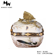 米屋家居新中式复古陶瓷配铜蝴蝶首饰盒收纳盒欧式奢华手绘饰品盒