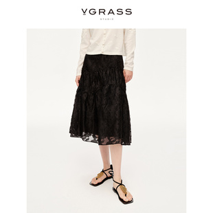vgrass黑色烧花花型，a字半身裙24年春季立体剪裁遮肉显瘦