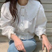 韩国chic秋季法式减龄娃娃领双排扣宽松百搭泡泡袖短款白色衬衫女