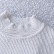 2022女童百搭款蓝白色半高领，修身坑条针织，套头花边长袖毛衣