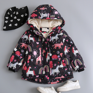 女童加绒加厚保暖外套，2023冬季卡通纯棉，带帽拉链上衣宝宝棉衣