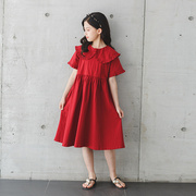 2023新夏季(新夏季)女童红色，女童连衣裙中大童波浪，边宽松短袖裙韩版学生裙