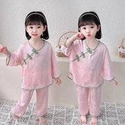 女童睡衣夏季冰丝薄款睡衣小女孩宝宝中国风家居服儿童空调服套装