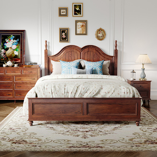 奥克维尔美式床主卧高端大气乡村纯实木复古胡桃色1.8米床