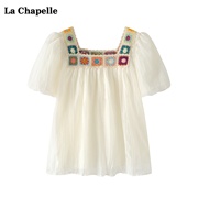 拉夏贝尔lachapelle法式方领泡泡，袖衬衫女夏季民族风小衫上衣