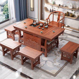沐哲希新中式茶桌椅组合实木，禅意家用小茶台榆木，茶具套装功夫茶几