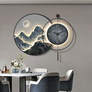 餐厅装饰画带钟表背有靠山挂画高级感客厅，山水画高档轻奢饭厅壁画
