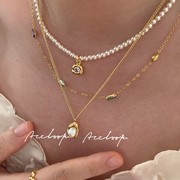 彩色马眼锆石锁骨链叠戴钛钢(戴钛钢)金色，元宝珍珠项链巴洛克异形珍珠颈链