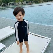 儿童泳衣连体平角男童长袖短裤保守拼色运动休闲卡通韩版沙滩泳装