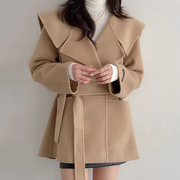 韩国chic秋冬复古英伦风海军领系带收腰显瘦小个子毛呢外套大衣女