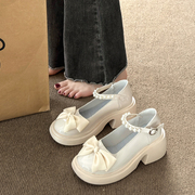 法式玛丽珍小皮鞋，女2024年春季一字带，甜美蝴蝶结厚底粗跟单鞋