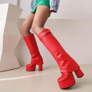 14厘米跟高白色红色靴子欧美性感防水台粗跟高跟高筒靴女大码女靴