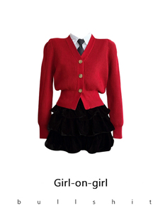 圣诞红色毛衣v领开衫，女秋冬短款上衣，温柔学院风针织衫外套