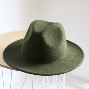 秋冬小众军绿色礼帽法式复古纯羊毛宽平檐墨绿色爵士帽子女时尚潮