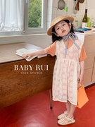 真2件套韩版女童装儿童夏季时髦甜美蕾丝短袖连衣裙子2件套装