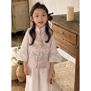 Sonnykids 女童春季国风新中式马甲旗袍粉色织锦缎立领背心外套
