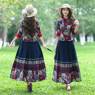 唐装女装中国风复古中式盘扣，改良旗袍式上衣民族风棉麻套装两件套