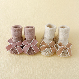 婴儿袜子秋冬季女宝宝加厚保暖毛圈皮底袜儿童防滑学步鞋袜地板袜