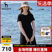 Hazzys哈吉斯圆领黑色中长款短袖针织连衣裙夏季休闲潮流裙子