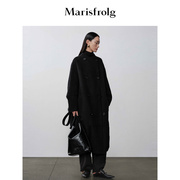 艺术时装大衣，玛丝菲尔秋季黑色双排，扣茧型毛呢大衣