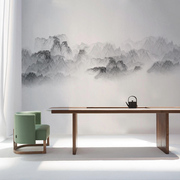 新中式水墨山水客厅沙发，背景墙壁纸卧室书房茶室，壁画黑白墙布墙纸