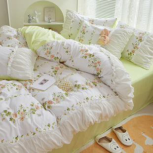 韩式花边水洗棉床单四件套公主，风床裙小碎花被套，宿舍床单人三件套