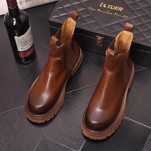 切尔西靴男韩版时尚马丁靴男士套筒高筒皮鞋内增高休闲潮男短靴子