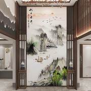 新。中式山水8d古典大气背景墙壁纸壁画3d立体玄关墙纸过道墙布装