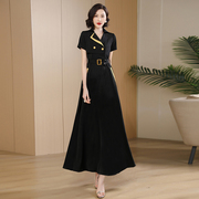黑色高级感连衣裙2024女夏腰带(夏腰带)修身高端气质，超长裙到脚踝1671