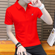特步短袖t恤男红色短款体恤夏季半袖短T大码宽松运动polo衫男