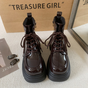 棕色马丁靴女秋冬2023英伦学院风复古小个子增高系带厚底短靴