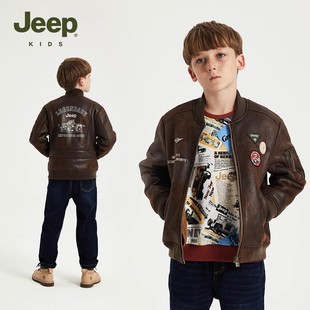 jeep童装男童皮夹克，2023秋冬加绒防寒复古飞行员外套亲子装