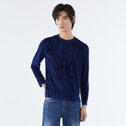 liu·jouomo宝蓝色男士，时尚休闲植绒，舒适圆领套头长袖t恤秋季